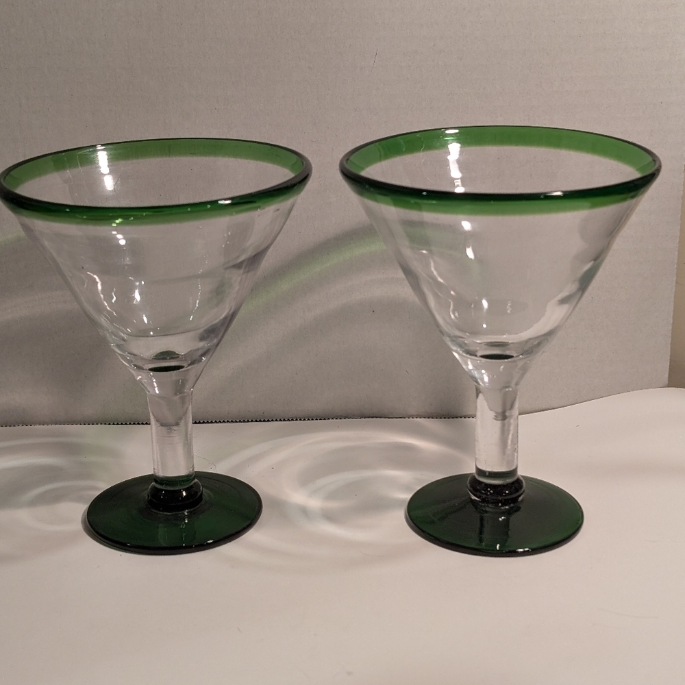 Mexican Hand Blown Two Martini Glasses Green Rim Tall